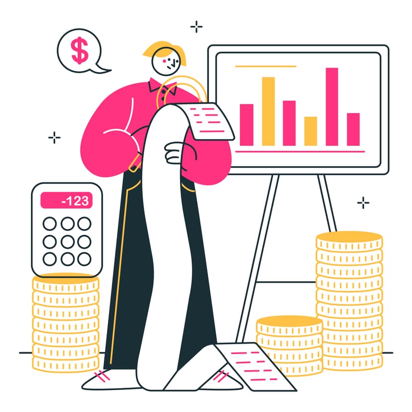 An illustration of a woman reading invoices